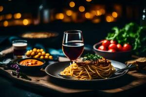 spaghetti met vlees en groenten Aan een houten tafel. ai-gegenereerd foto