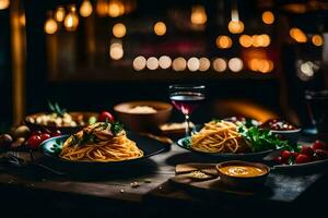 pasta en wijn Aan een tafel. ai-gegenereerd foto