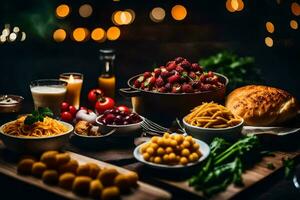 een tafel met divers voedingsmiddelen inclusief brood, pasta, en andere voedingsmiddelen. ai-gegenereerd foto