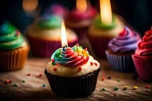 veel kleurrijk cupcakes met kaarsen Aan top. ai-gegenereerd foto
