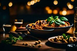 spaghetti met bonen en kikkererwten in een schaal. ai-gegenereerd foto