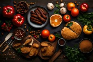divers voedingsmiddelen inclusief vlees, groenten en specerijen. ai-gegenereerd foto