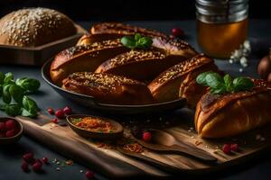 brood met specerijen en kruiden Aan een houten tafel. ai-gegenereerd foto