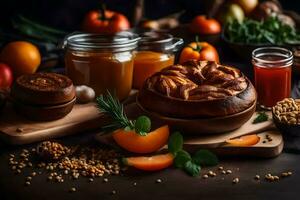 voedingsmiddelen Aan een houten tafel. ai-gegenereerd foto