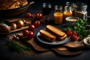 voedingsmiddelen Aan een tafel met brood, eieren, groenten en andere ingrediënten. ai-gegenereerd foto