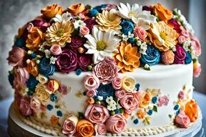 een taart versierd met kleurrijk bloemen. ai-gegenereerd foto