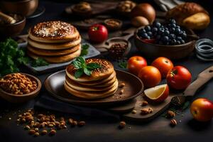 pannekoeken Aan een bord met noten, fruit en specerijen. ai-gegenereerd foto