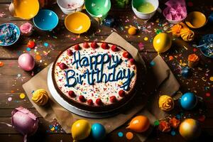 gelukkig verjaardag taart met confetti en ballonnen Aan een houten tafel. ai-gegenereerd foto