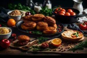 een tafel met divers voedingsmiddelen inclusief brood, tomaten, en andere ingrediënten. ai-gegenereerd foto