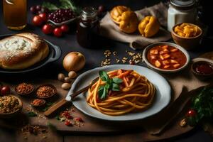 Italiaans voedsel met pasta, brood, groenten en andere ingrediënten. ai-gegenereerd foto