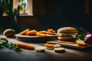 een Hamburger en andere voedsel Aan een houten tafel. ai-gegenereerd foto