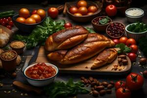 een verscheidenheid van brood en andere voedingsmiddelen Aan een houten tafel. ai-gegenereerd foto