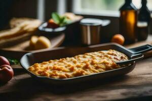 een pan met kaas en appels Aan een tafel. ai-gegenereerd foto