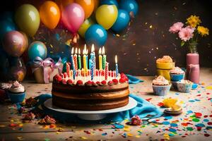 verjaardag taart met kaarsen en confetti. ai-gegenereerd foto