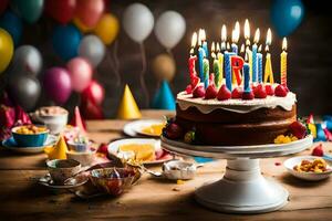 een verjaardag taart met kaarsen Aan het. ai-gegenereerd foto