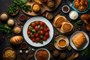 een assortiment van voedsel Aan een tafel. ai-gegenereerd foto