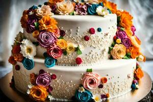 een bruiloft taart versierd met kleurrijk bloemen. ai-gegenereerd foto