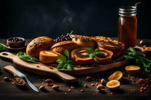 broodjes, brood en andere voedsel Aan een houten snijdend bord. ai-gegenereerd foto
