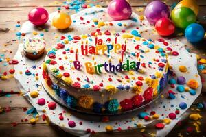 een verjaardag taart met kleurrijk confetti en ballonnen. ai-gegenereerd foto