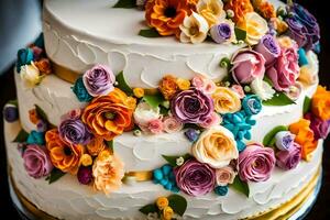 een drie moe taart met kleurrijk bloemen Aan het. ai-gegenereerd foto