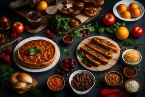 divers voedingsmiddelen inclusief pizza, brood, en andere voedingsmiddelen zijn geregeld Aan een tafel. ai-gegenereerd foto