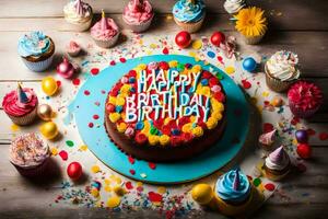 een verjaardag taart met kleurrijk hagelslag en cupcakes. ai-gegenereerd foto