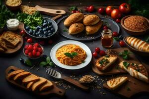 spaghetti met brood, tomaten, bessen en andere ingrediënten. ai-gegenereerd foto
