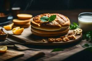 een brood van brood met kaas, noten en melk. ai-gegenereerd foto