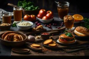 divers voedingsmiddelen inclusief brood, kaas, tomaten, en andere ingrediënten. ai-gegenereerd foto