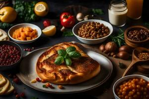 een verscheidenheid van voedsel Aan een tafel. ai-gegenereerd foto