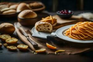 spaghetti met brood en brood Aan een tafel. ai-gegenereerd foto