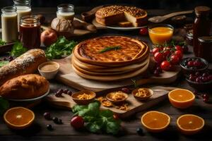 pannekoeken Aan een houten tafel met fruit en groenten. ai-gegenereerd foto