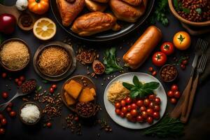 divers voedingsmiddelen inclusief brood, vlees, groenten en andere ingrediënten. ai-gegenereerd foto