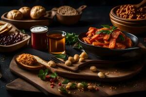 een tafel met divers voedingsmiddelen inclusief wortels, noten en brood. ai-gegenereerd foto