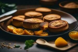 een bord met muffins en sinaasappels Aan het. ai-gegenereerd foto