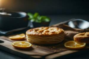 een taart met citroen plakjes Aan een houten snijdend bord. ai-gegenereerd foto