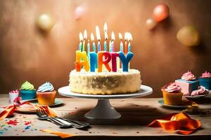 de verjaardag taart is lit met kaarsen. ai-gegenereerd foto