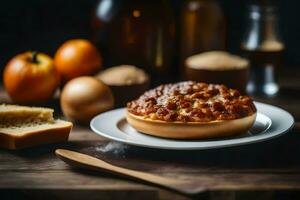 gebakken brood met vlees en groenten Aan een houten tafel. ai-gegenereerd foto