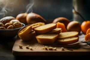 gesneden brood en sinaasappels Aan een houten snijdend bord. ai-gegenereerd foto