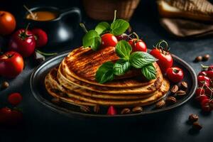 pannekoeken met tomaten en basilicum Aan een zwart achtergrond. ai-gegenereerd foto