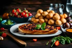 een pizza met tomaten, brood en andere ingrediënten. ai-gegenereerd foto