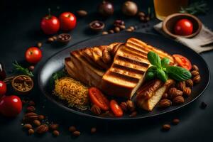 gegrild brood met tomaten, noten en kruiden Aan een zwart achtergrond. ai-gegenereerd foto