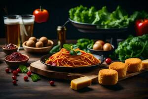 spaghetti met kaas, tomaten, brood en andere ingrediënten. ai-gegenereerd foto