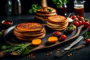 pannekoeken Aan een houten dienblad met tomaten en andere ingrediënten. ai-gegenereerd foto