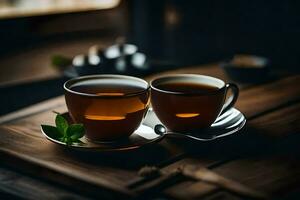 twee cups van thee Aan een houten tafel. ai-gegenereerd foto