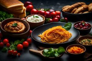 spaghetti met gehaktballen, brood, tomaten en andere ingrediënten. ai-gegenereerd foto