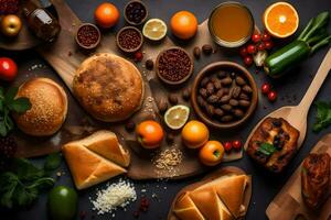divers voedingsmiddelen inclusief brood, vlees, groenten en fruit. ai-gegenereerd foto