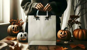 persoon in donker kleren is Holding een wit geschenk zak mockup halloween foto, ai gegenereerd foto