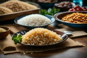 divers types van rijst- en andere granen Aan een tafel. ai-gegenereerd foto