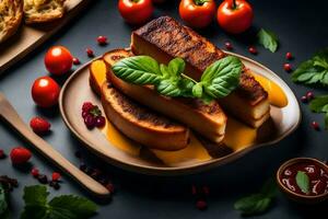 gegrild kaas belegd broodje met tomaat saus en basilicum bladeren Aan een bord. ai-gegenereerd foto